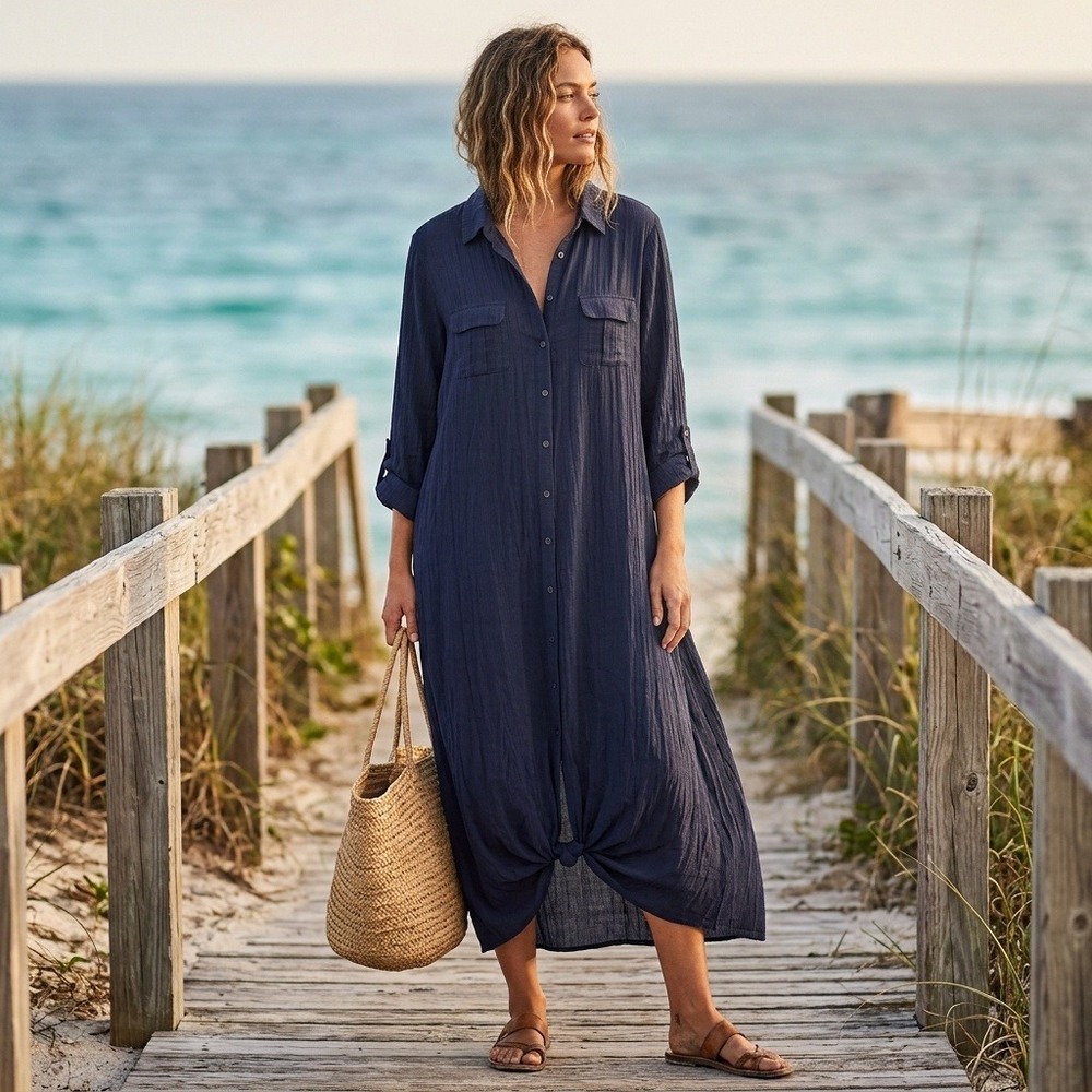 Soft Surroundings Blue Long Sleeve Maxi Shirt Dress XL Lagenlook Coastal Boho